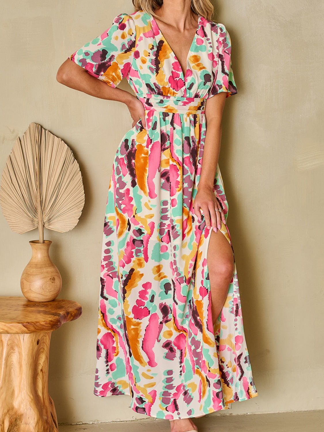 Preorder Slit Printed Surplice Short Sleeve Maxi Dress