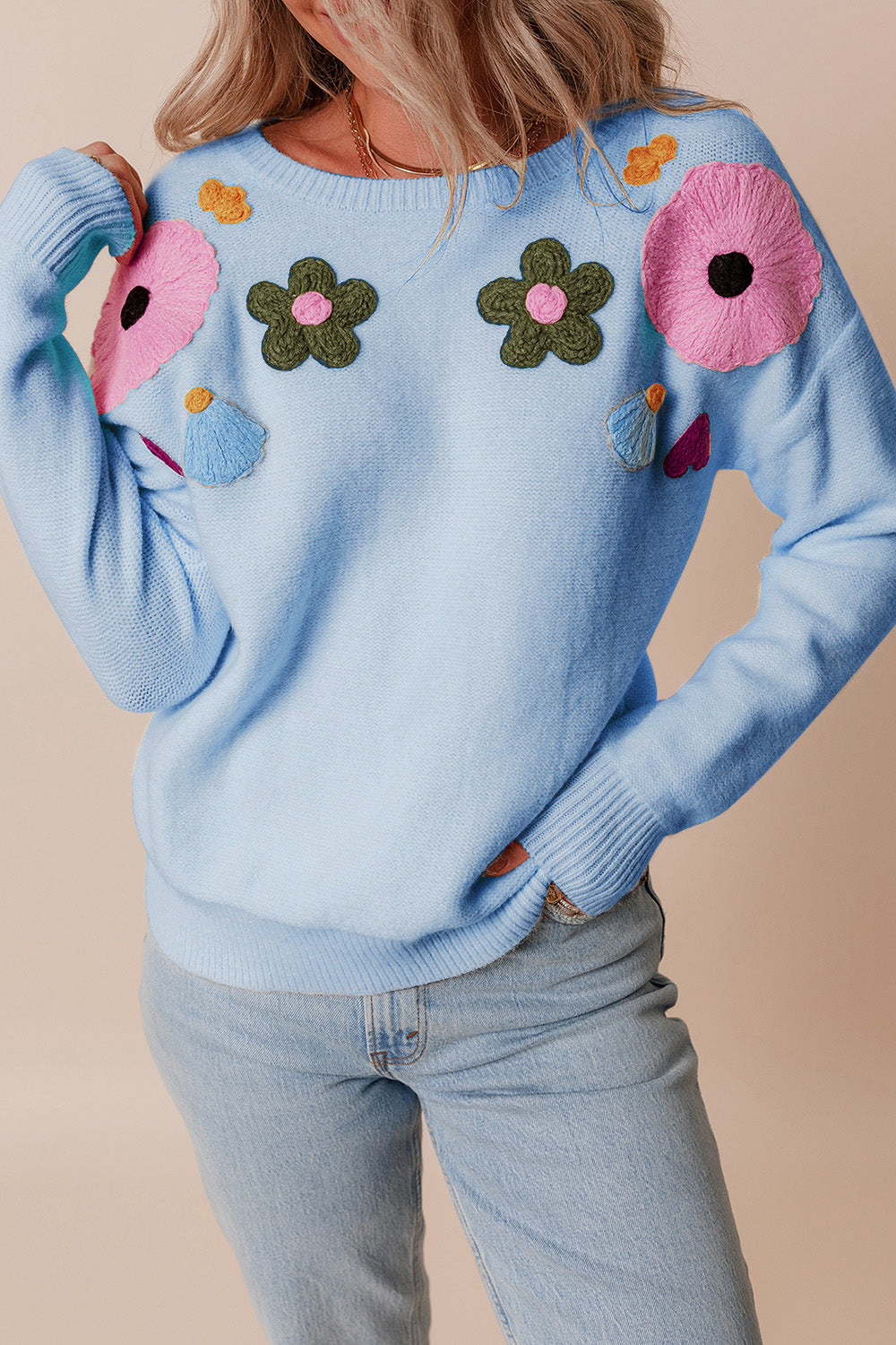 Preorder Crochet Flower Round Neck Dropped Shoulder Sweater