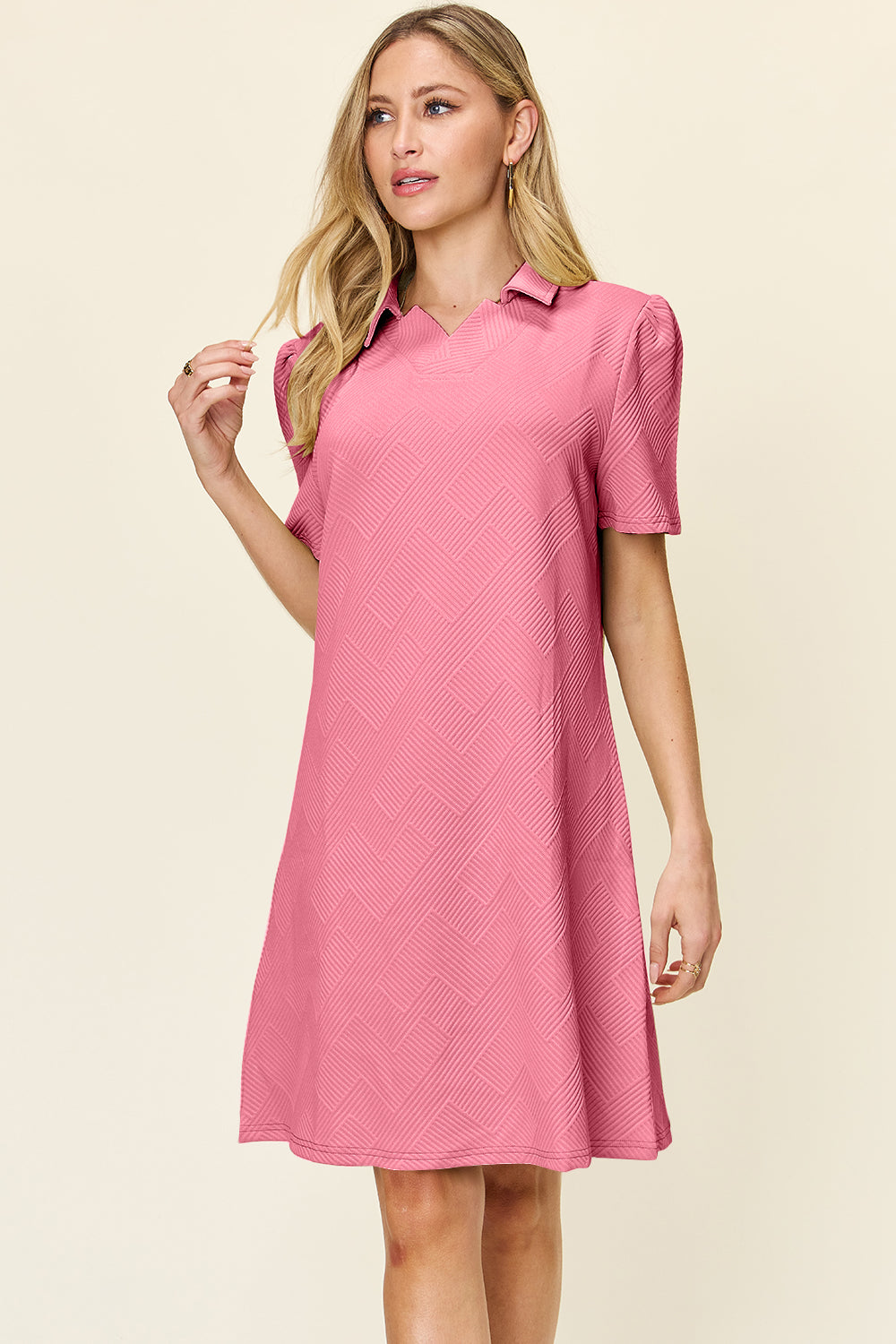 Preorder Full Size Texture Collared Neck Short Sleeve Dress