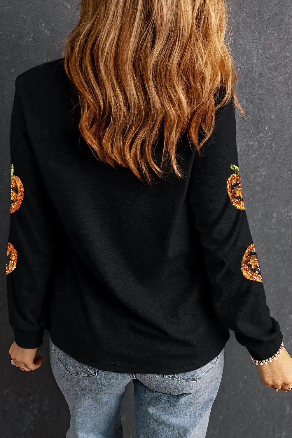 Preorder Sequin Pumpkin Round Neck Long Sleeve Top