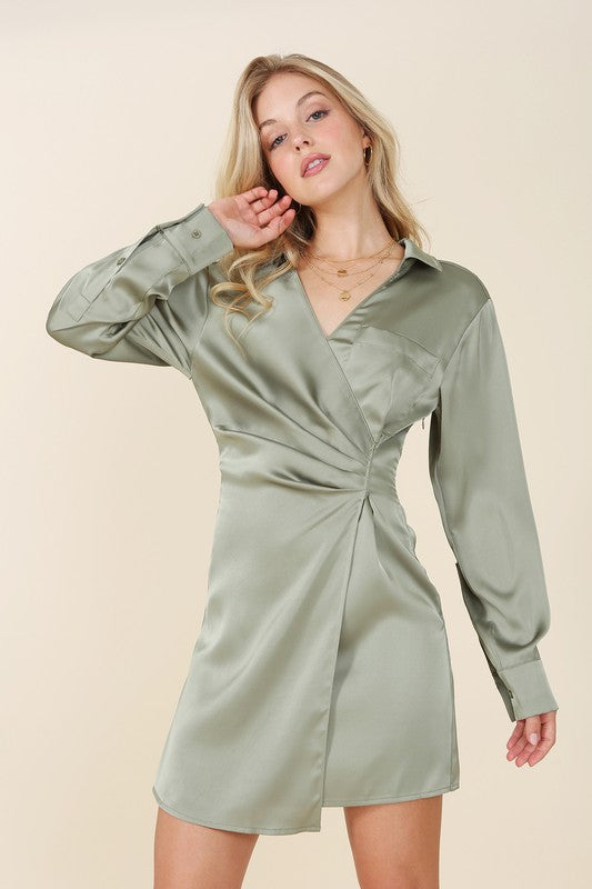 Febe Satin collared wrap mini dress