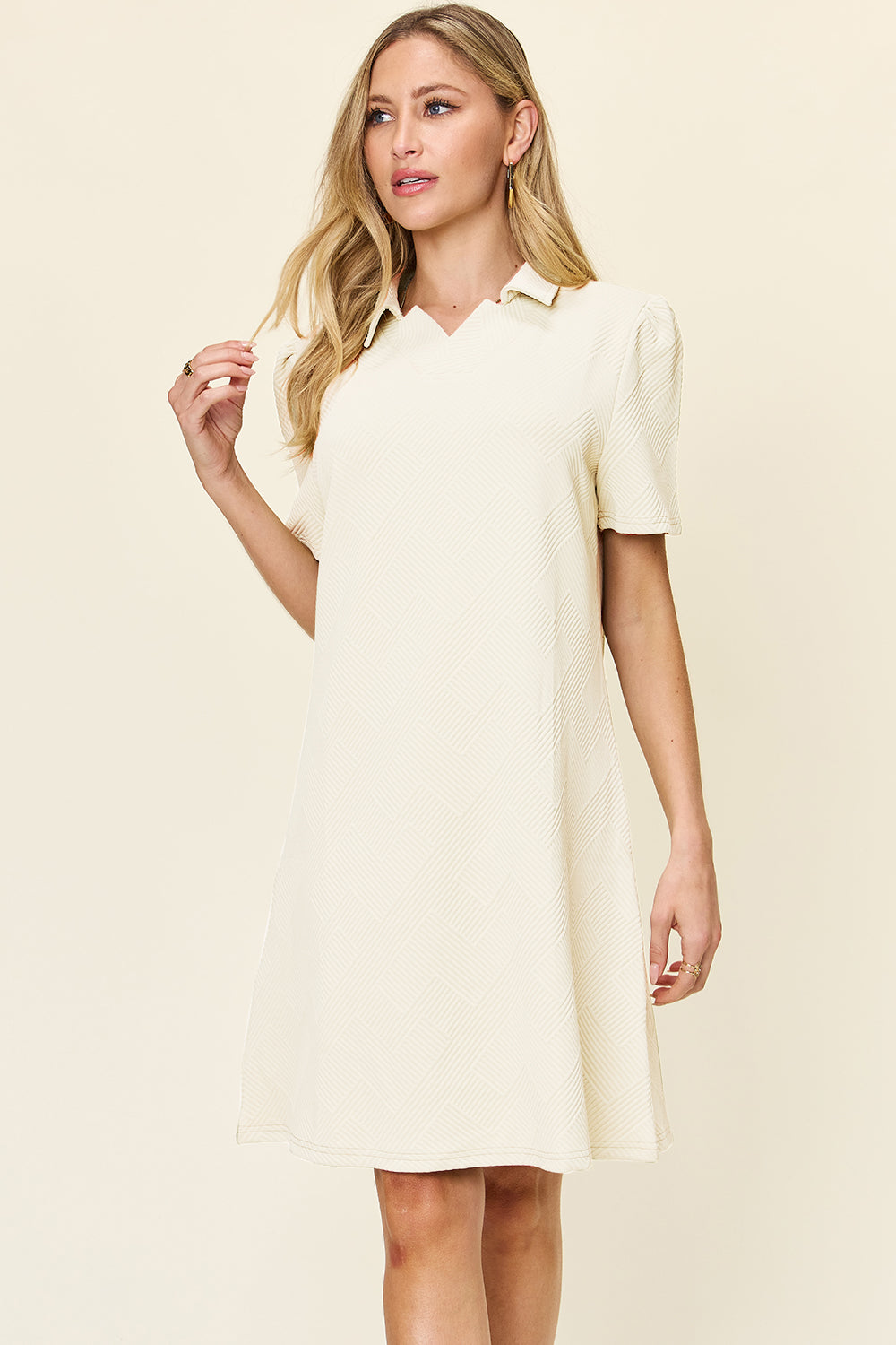 Preorder Full Size Texture Collared Neck Short Sleeve Dress