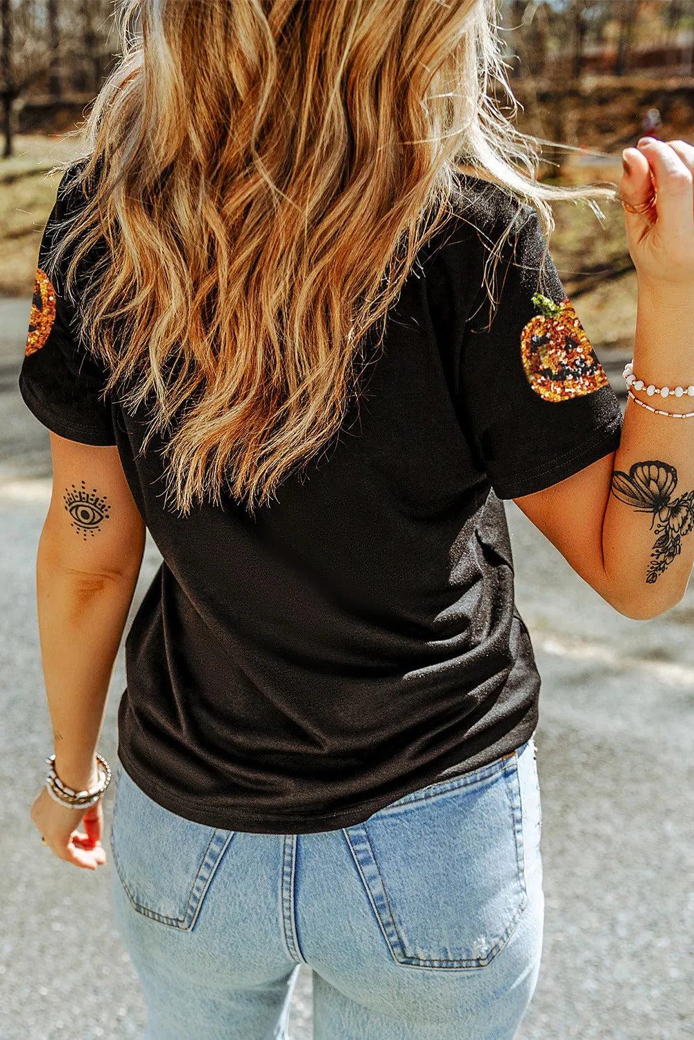 Preorder Sequin Pumpkin Round Neck Short Sleeve T-Shirt