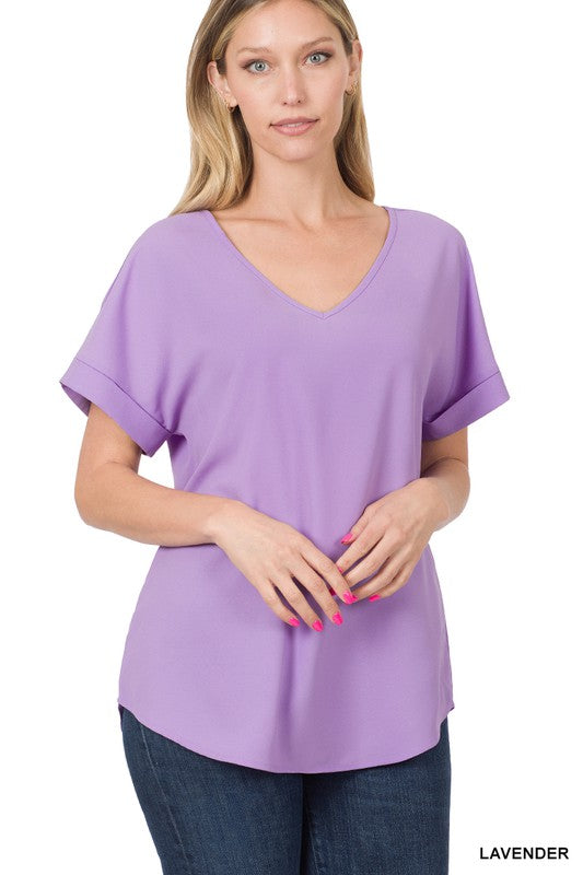 WOVEN HEAVY DOBBY ROLLED SLEEVE V-NECK TOP