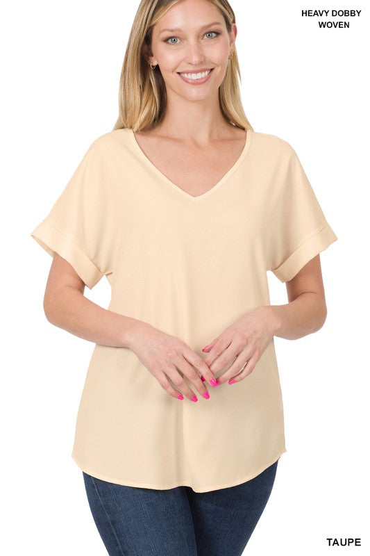 WOVEN HEAVY DOBBY ROLLED SLEEVE V-NECK TOP