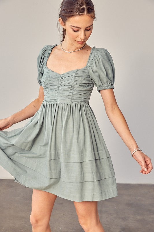 SAGE DETAIL PUFF SLEEVE DRESS