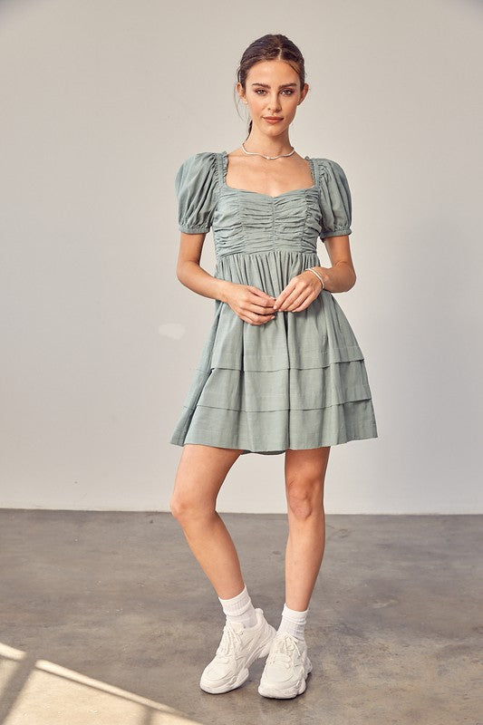 SAGE DETAIL PUFF SLEEVE DRESS