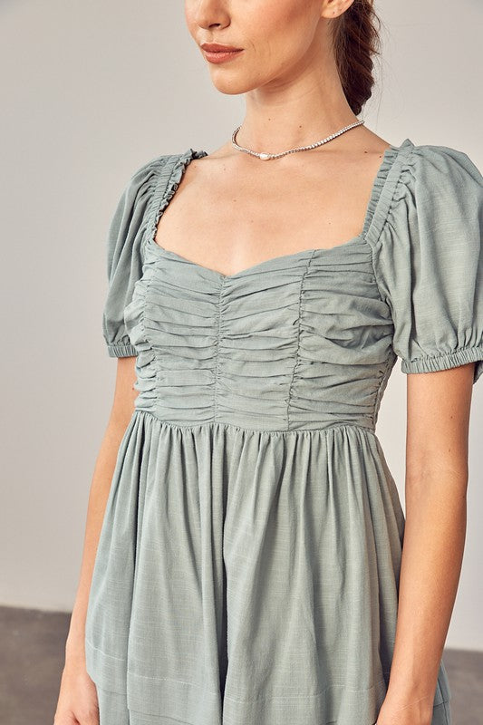 SAGE DETAIL PUFF SLEEVE DRESS