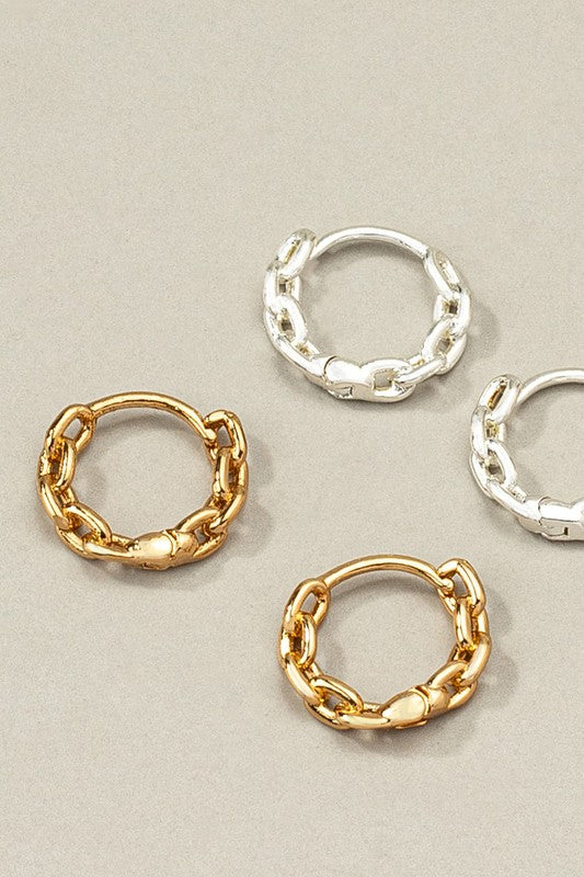 brass chain shape huggie hoop earrings