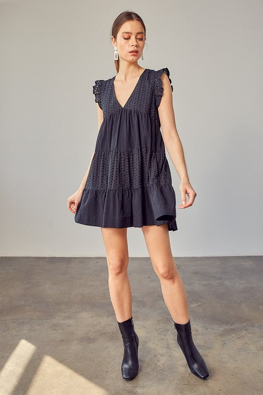 CROCHET MAGIC V-NECK EYELET DRESS