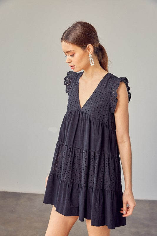 CROCHET MAGIC V-NECK EYELET DRESS