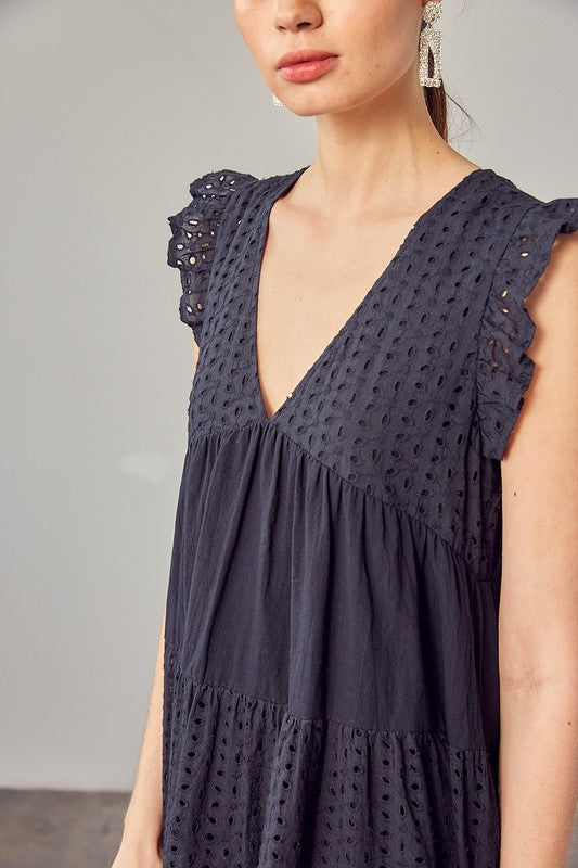 CROCHET MAGIC V-NECK EYELET DRESS