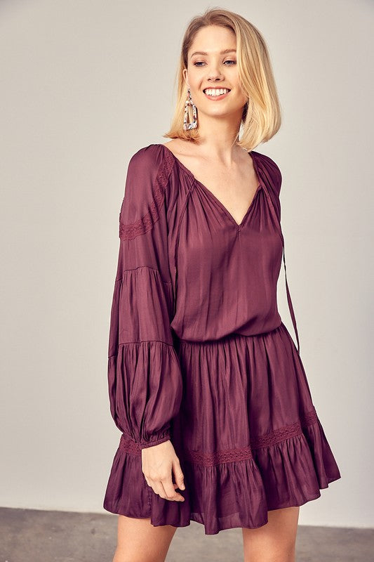 WINE DOWN LACE TRIM DETAIL DRESS