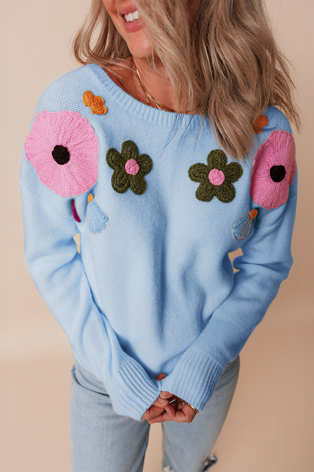 Preorder Crochet Flower Round Neck Dropped Shoulder Sweater