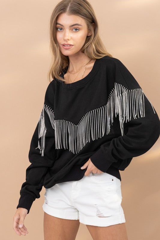 Nashville Rhinestone Fringe Pullover Top