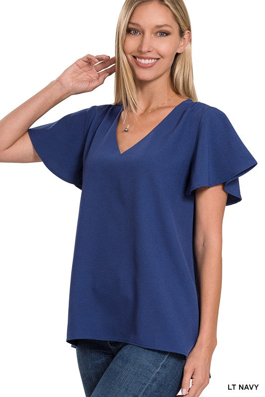 CATHERINE FLUTTER SLEEVE V-NECK TOP