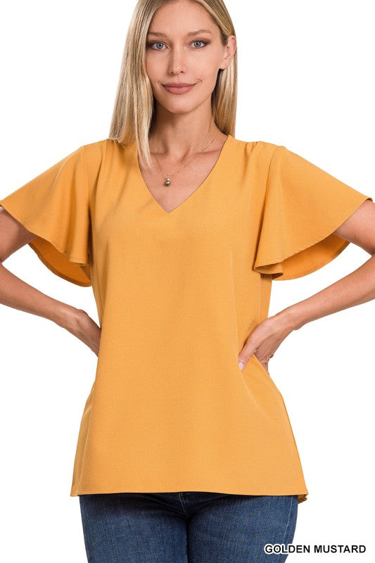 CATHERINE FLUTTER SLEEVE V-NECK TOP