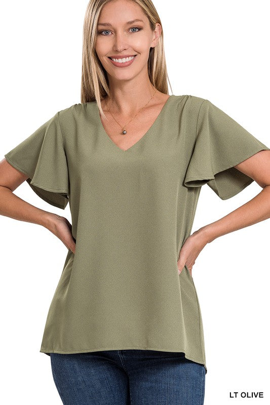 CATHERINE FLUTTER SLEEVE V-NECK TOP