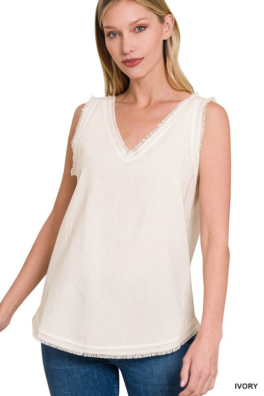 LINEN PRE-WASHED FRAYED EDGE V-NECK SLEEVELESS TOP