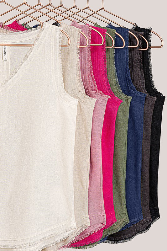 LINEN PRE-WASHED FRAYED EDGE V-NECK SLEEVELESS TOP