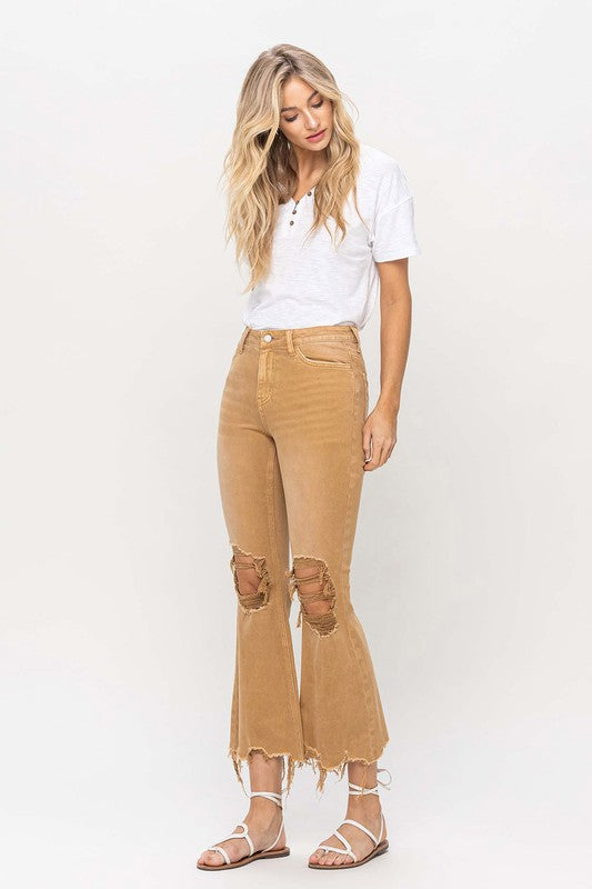 Khaki Vintage High Rise Distressed Flare Jeans