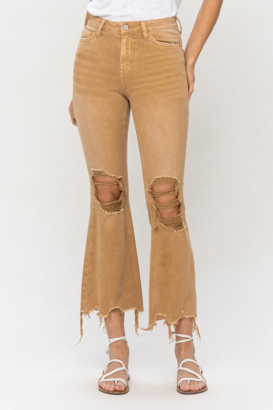 Khaki Vintage High Rise Distressed Flare Jeans