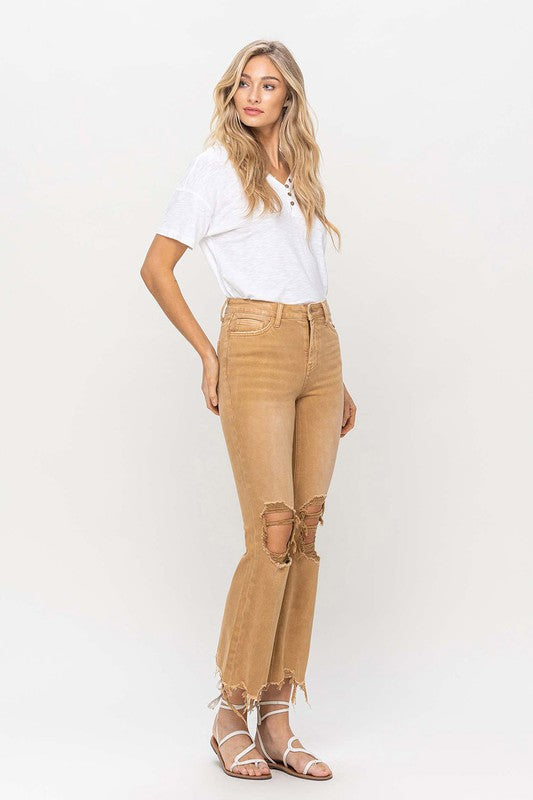 Khaki Vintage High Rise Distressed Flare Jeans