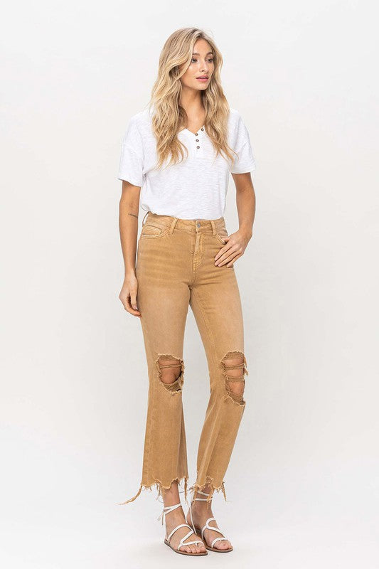 Khaki Vintage High Rise Distressed Flare Jeans