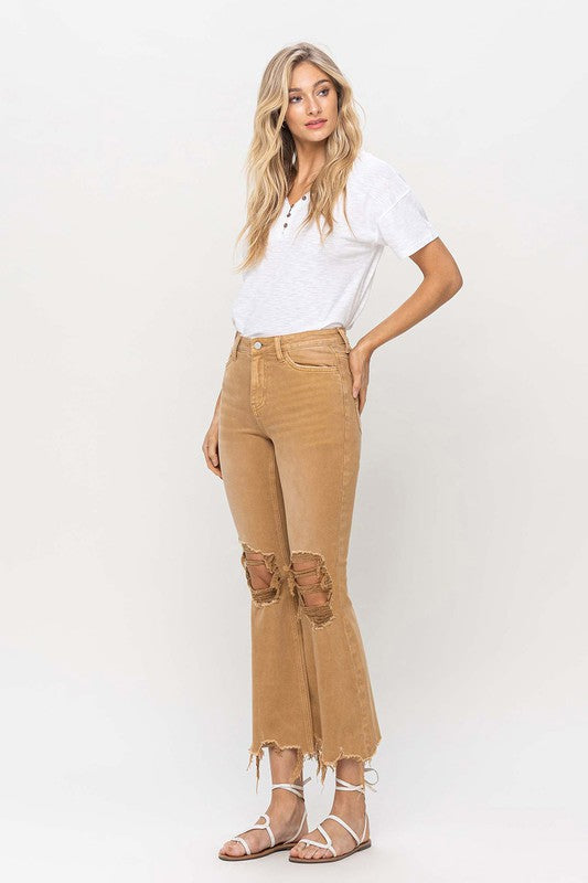 Khaki Vintage High Rise Distressed Flare Jeans