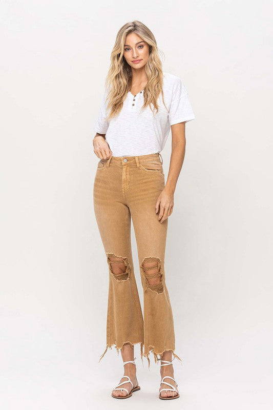 Khaki Vintage High Rise Distressed Flare Jeans