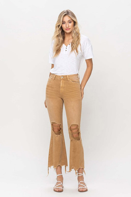 Khaki Vintage High Rise Distressed Flare Jeans