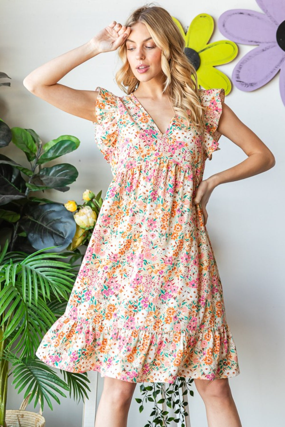 Floral Ruffled V-Neck Dress