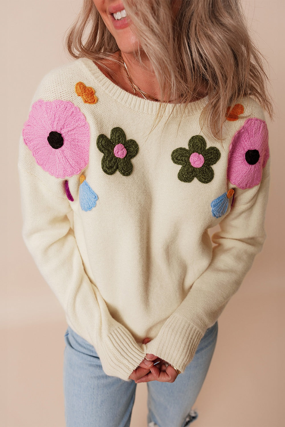 Preorder Crochet Flower Round Neck Dropped Shoulder Sweater