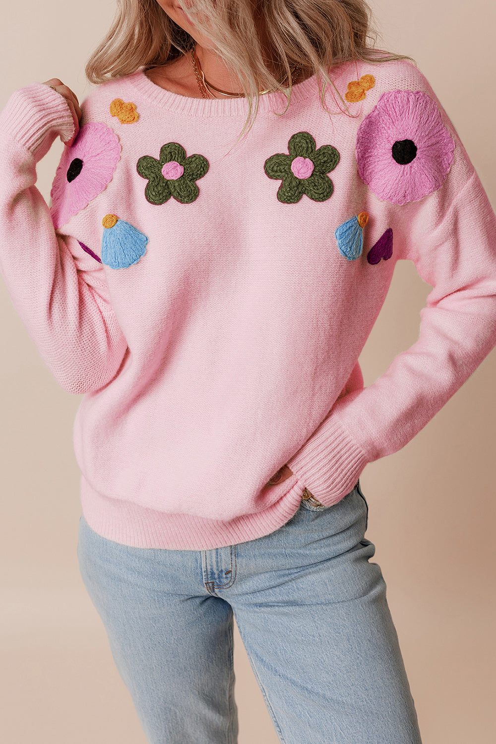 Preorder Crochet Flower Round Neck Dropped Shoulder Sweater