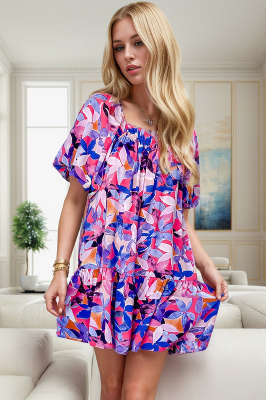 Preorder Printed Square Neck Short Sleeve Mini Dress