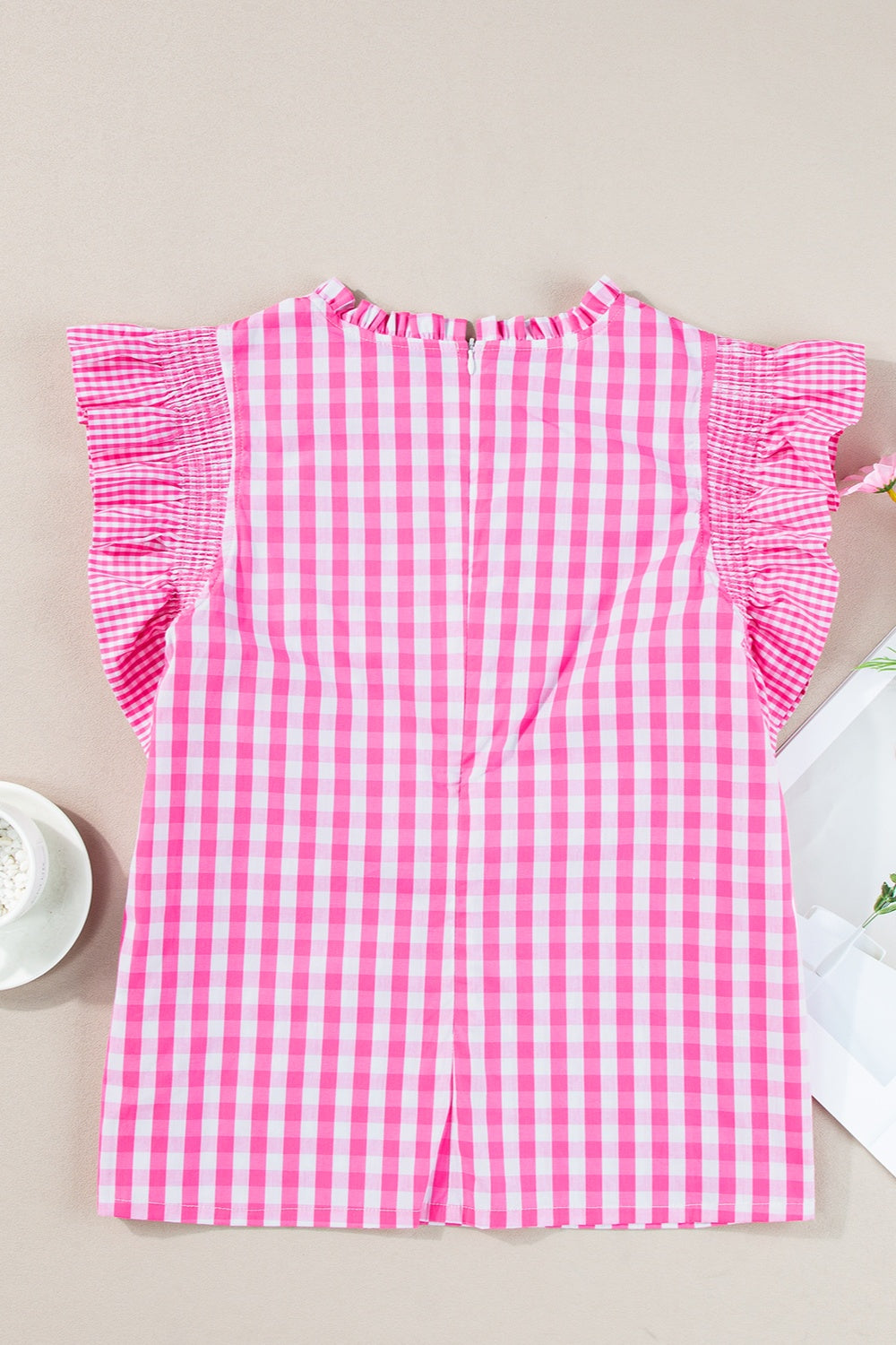 Preorder Ruffled Plaid Mock Neck Cap Sleeve Blouse