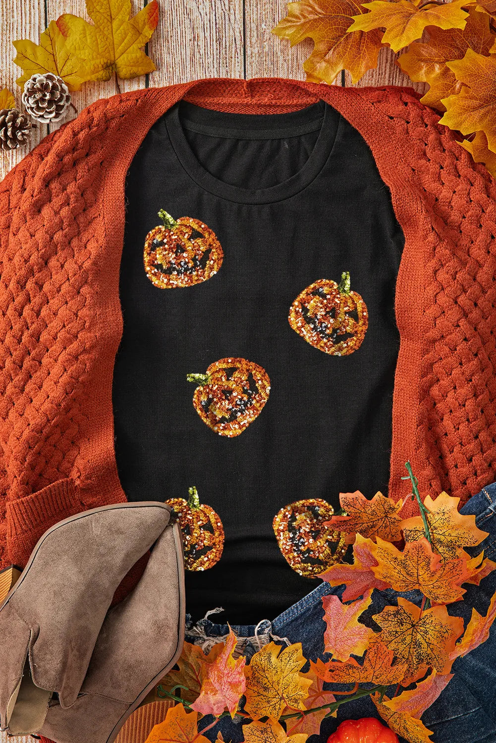 Preorder Sequin Pumpkin Round Neck Short Sleeve T-Shirt