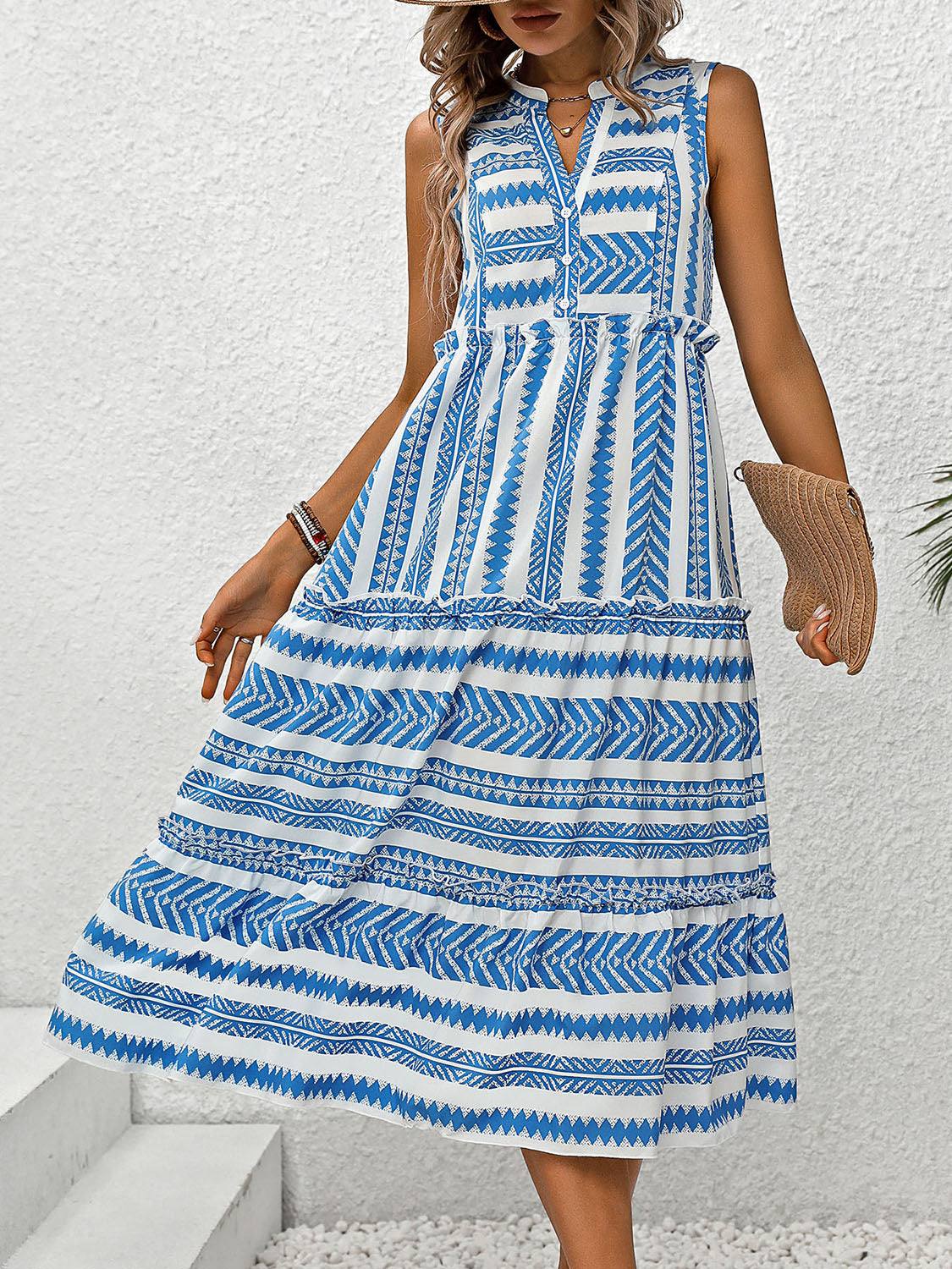 Preorder Frill Printed Notched Sleeveless Dress