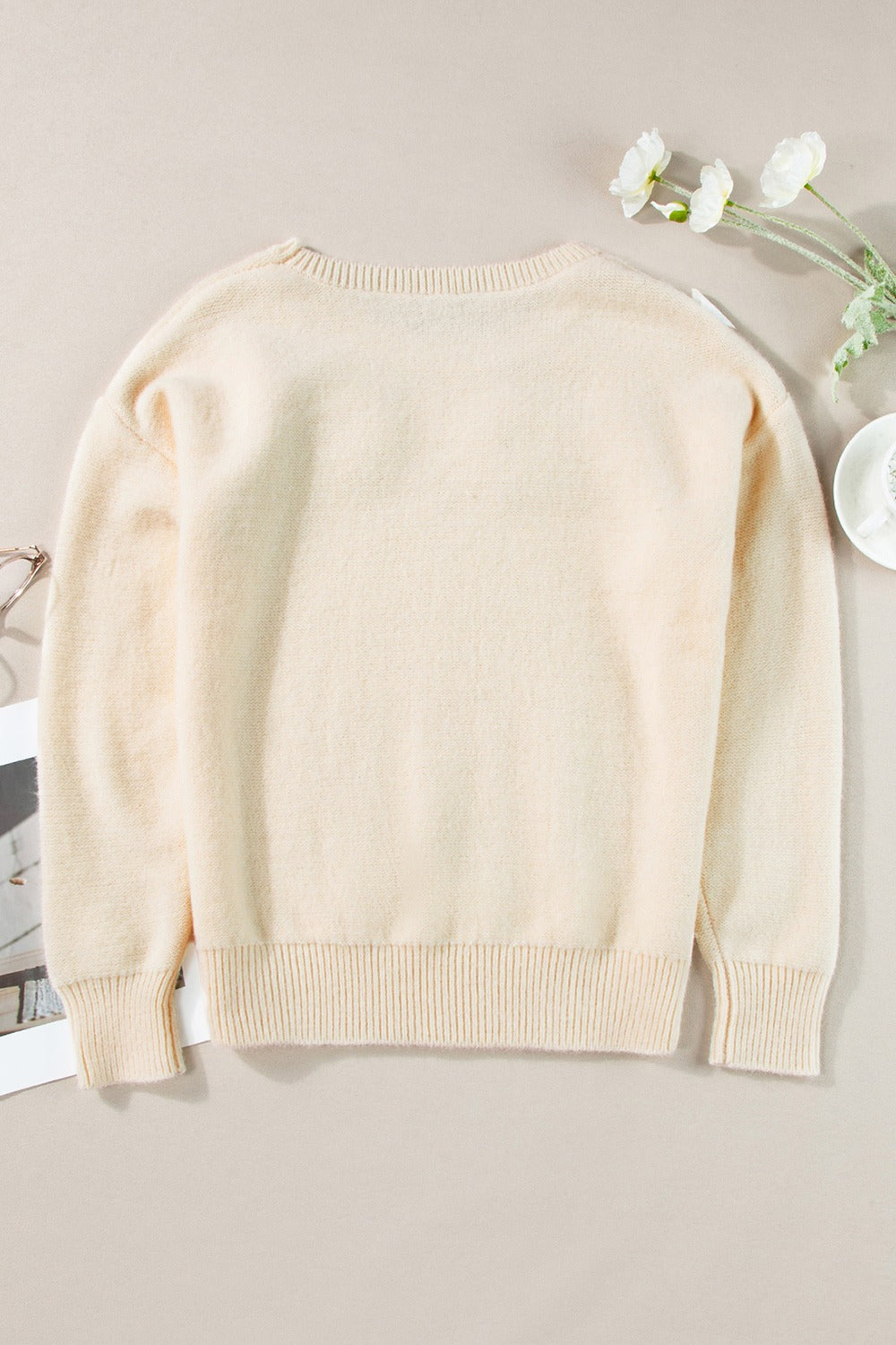 Preorder Crochet Flower Round Neck Dropped Shoulder Sweater