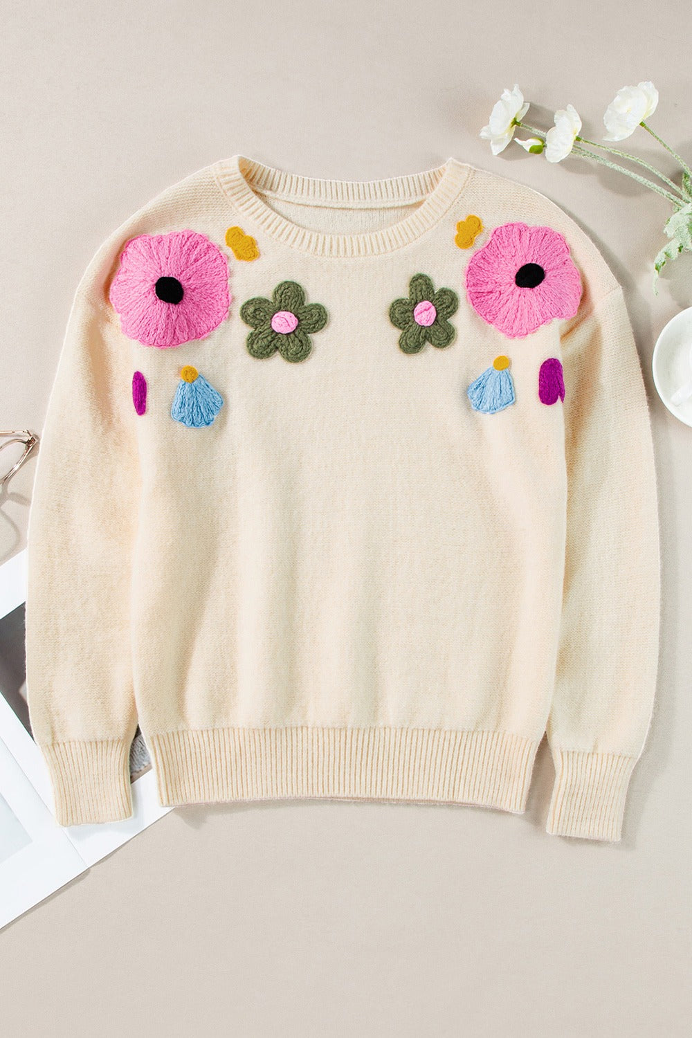 Preorder Crochet Flower Round Neck Dropped Shoulder Sweater