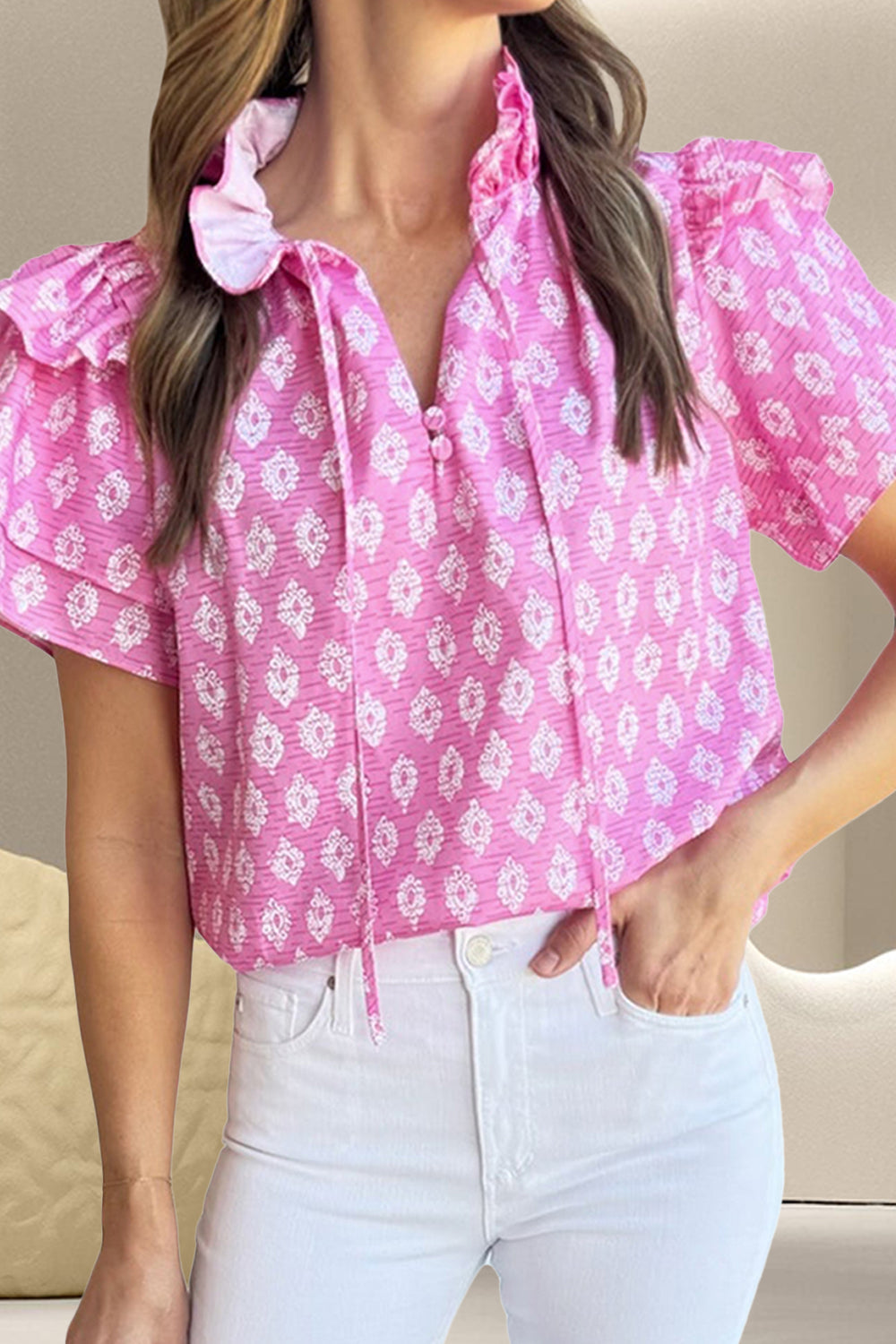 Preorder Ruffled Printed Tie Neck Short Sleeve Blouse