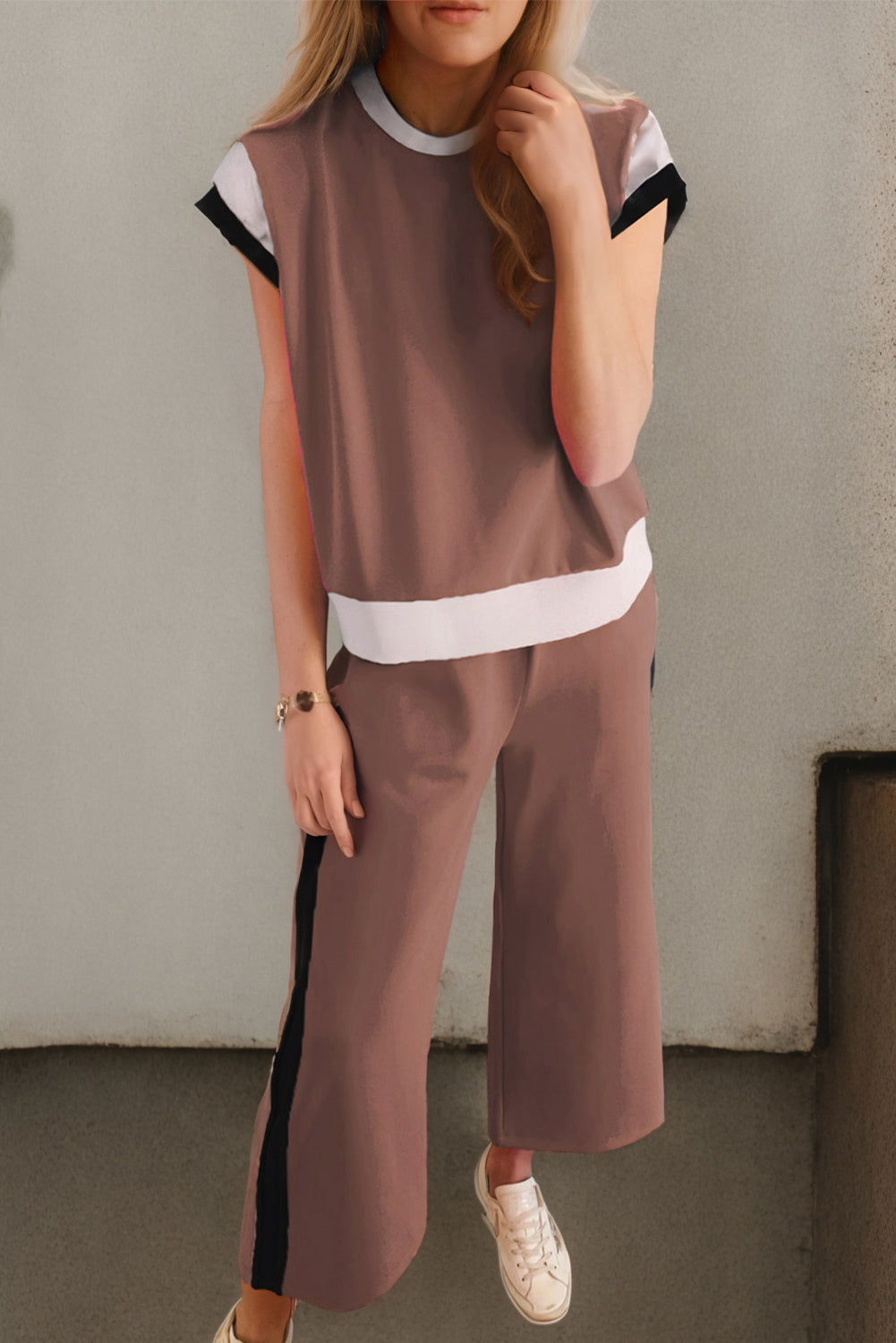 Preorder Contrast Round Neck Top and Pants Set