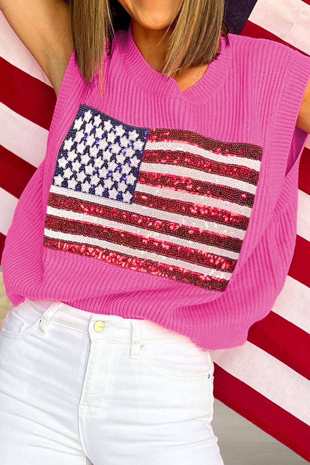 Preorder Sequin US Flag Round Neck Sweater Vest