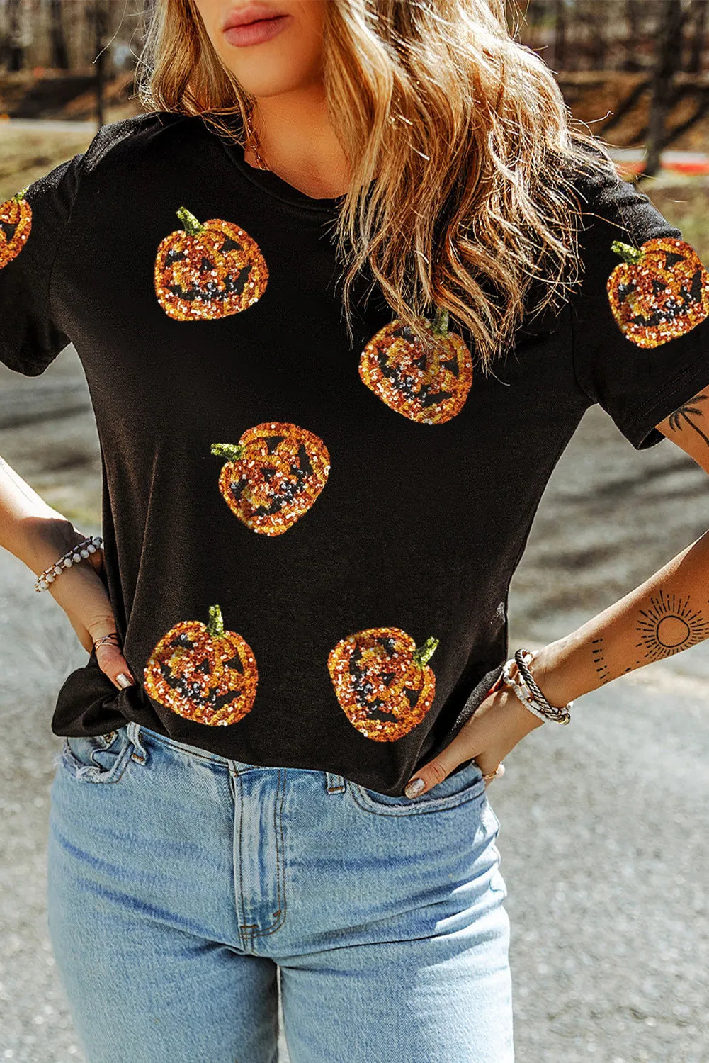 Preorder Sequin Pumpkin Round Neck Short Sleeve T-Shirt