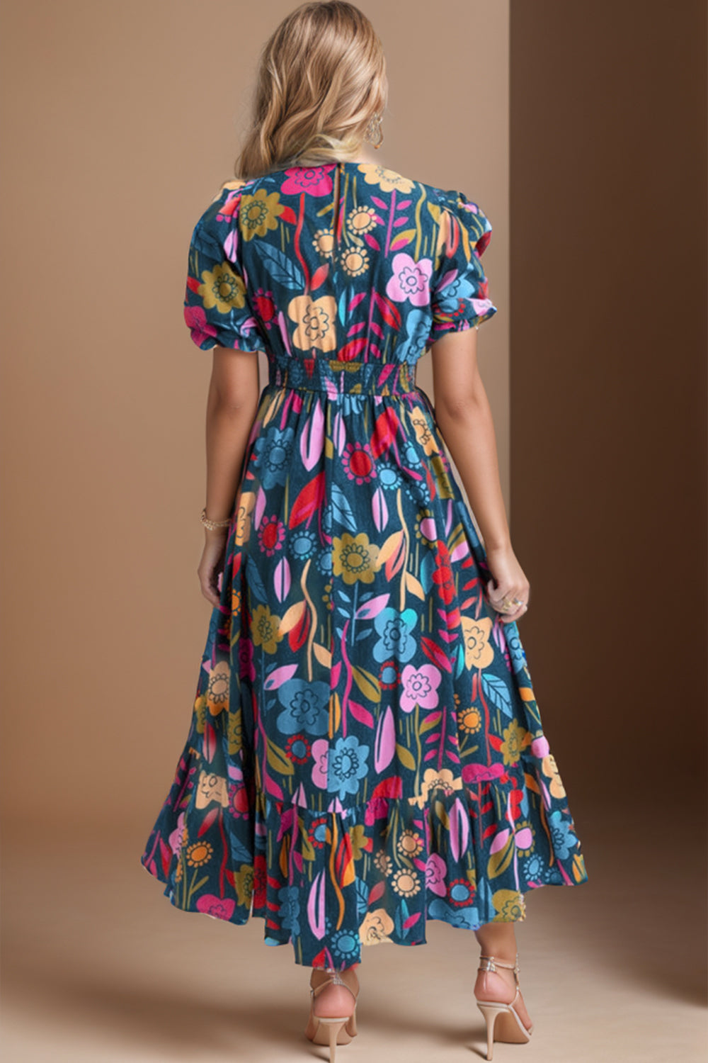 Preorder Printed Notched Puff Sleeve Midi Dress