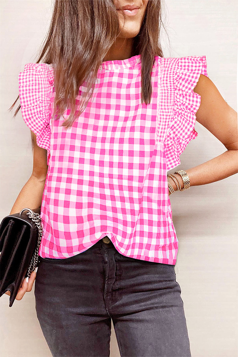 Preorder Ruffled Plaid Mock Neck Cap Sleeve Blouse