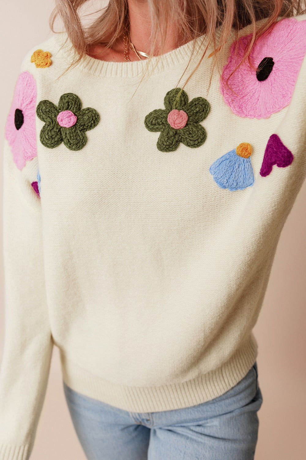 Preorder Crochet Flower Round Neck Dropped Shoulder Sweater