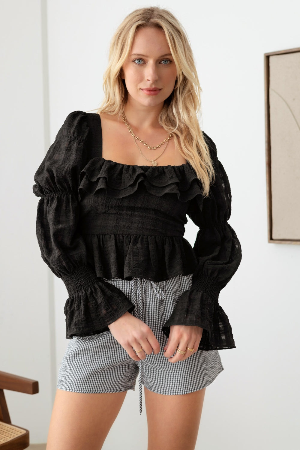 Shirred Smocked Peplum Long Sleeve Top