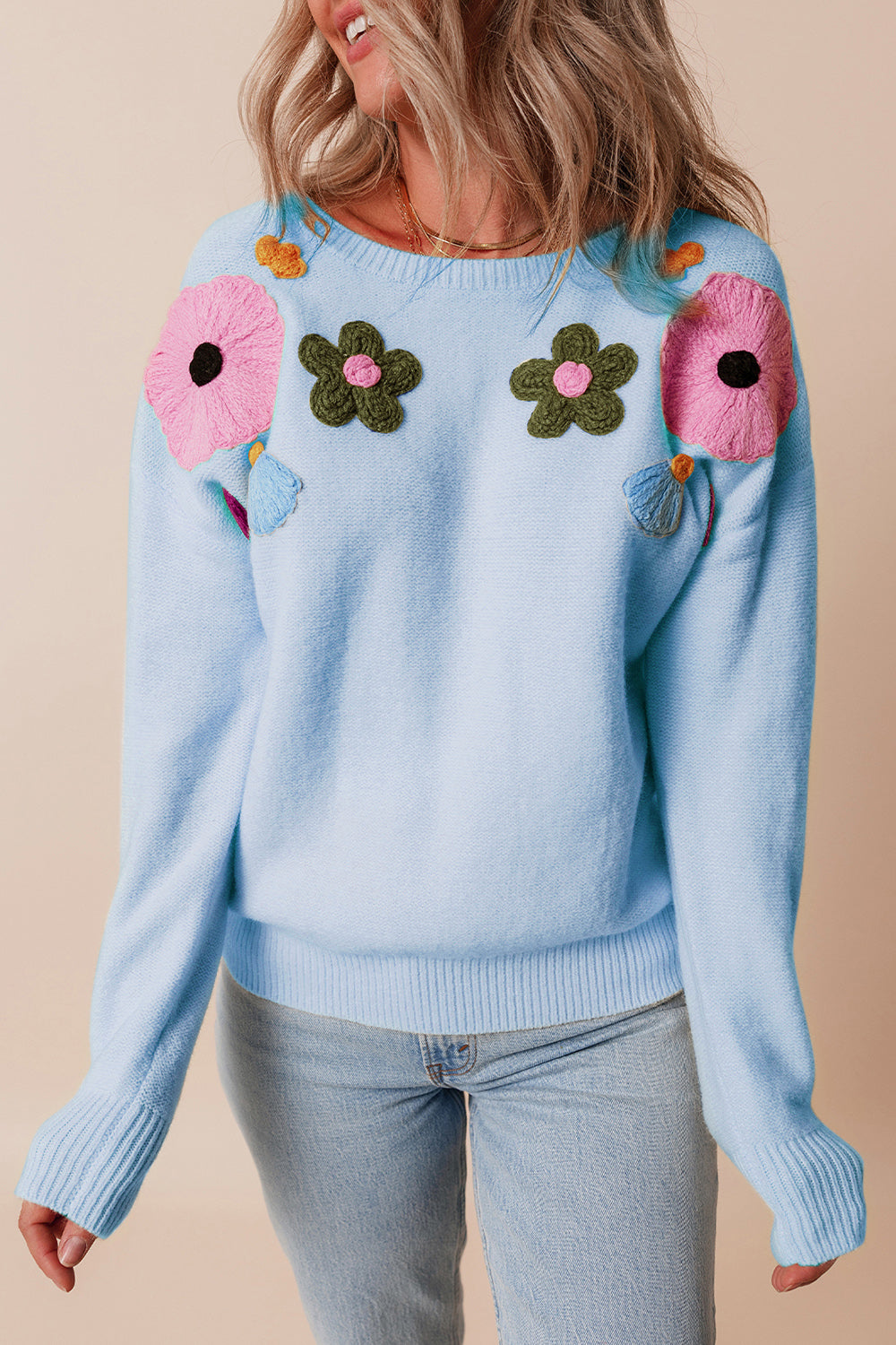 Preorder Crochet Flower Round Neck Dropped Shoulder Sweater