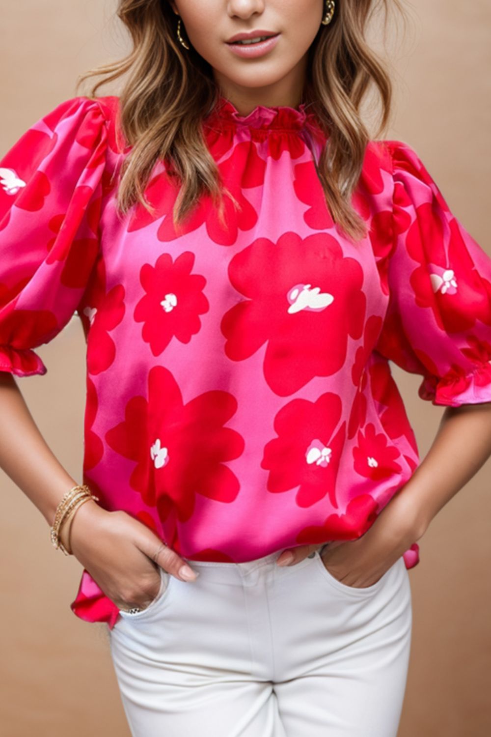 Preorder Ruffled Printed Mock Neck Short Sleeve Blouse